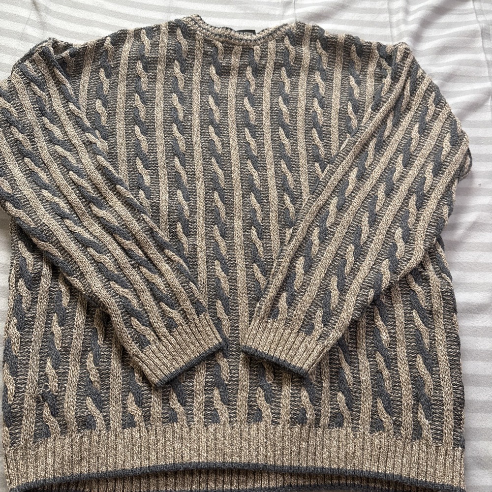 Vintage Mens Cable Knit Crewneck Sweater XXL Brown Gray 3D Grandpa Made in USA